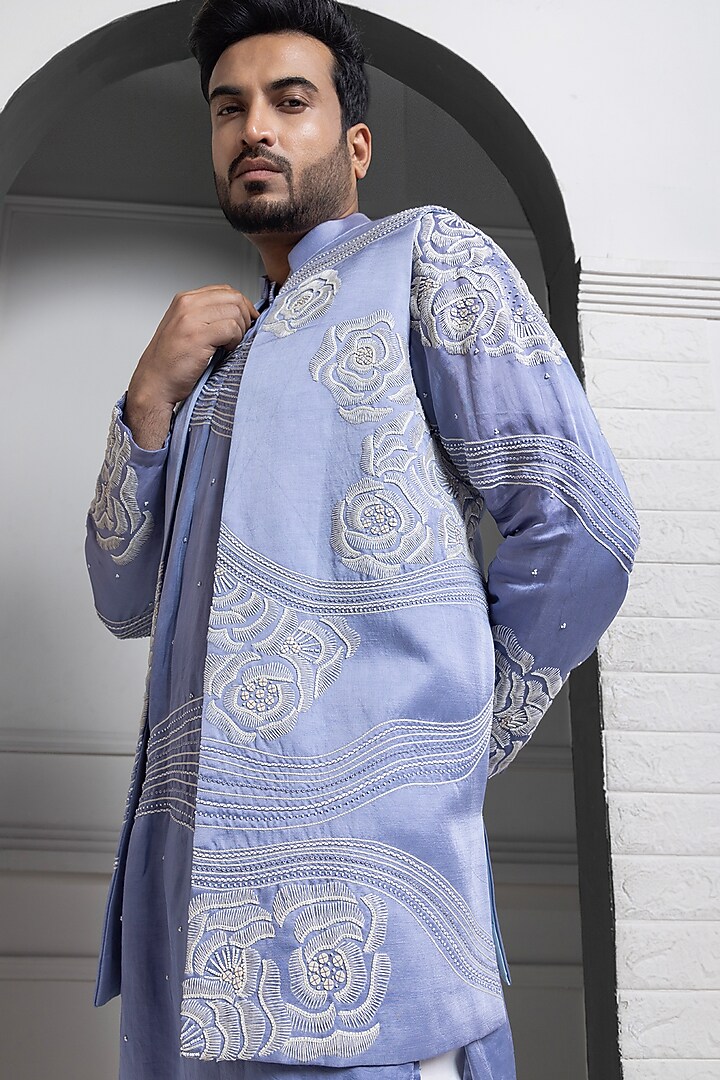 Pastel Blue Linen Satin Floral Hand Embroidered Nehru Jacket Set by Smriti by Anju Agarwal Men at Pernia's Pop Up Shop