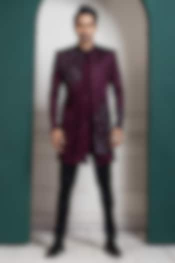 Maroon Linen Satin Hand Embroidered Bandhgala Set by Smriti by Anju Agarwal Men at Pernia's Pop Up Shop