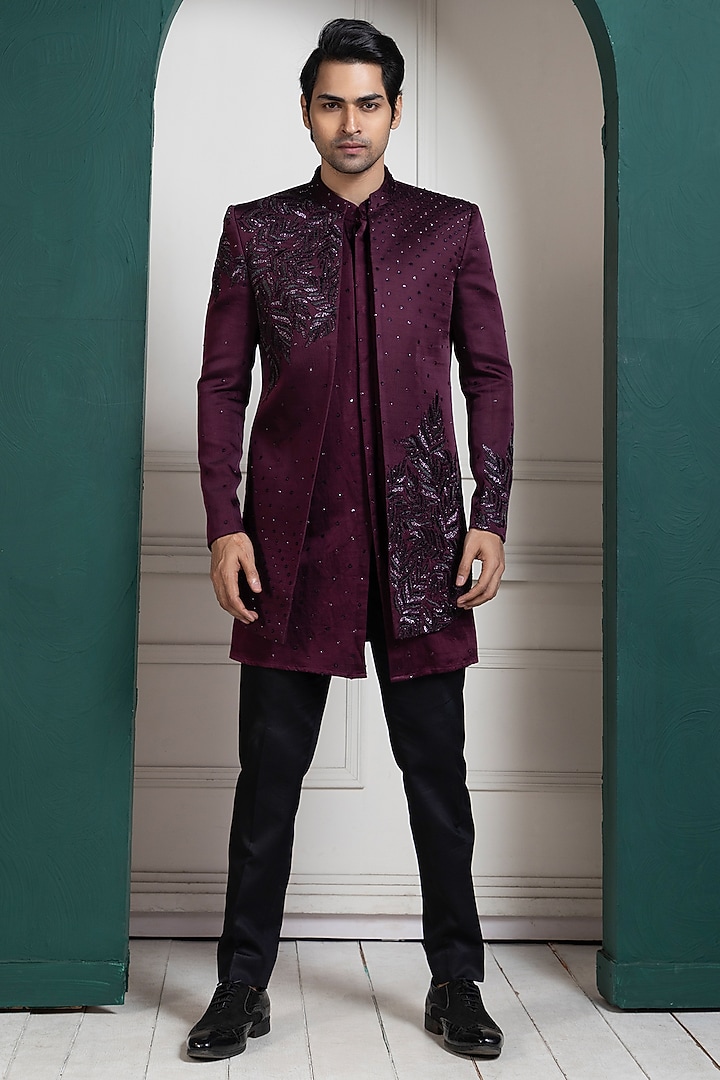 Maroon Linen Satin Hand Embroidered Bandhgala Set by Smriti by Anju Agarwal Men at Pernia's Pop Up Shop