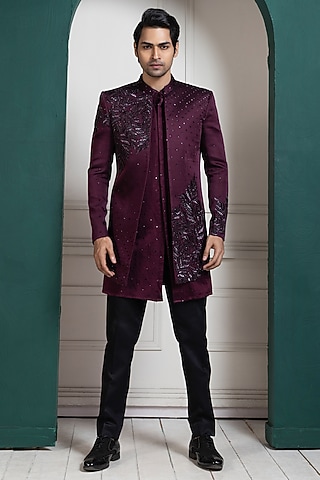 Maroon Linen Satin Hand Embroidered Bandhgala Set by Smriti by Anju Agarwal Men