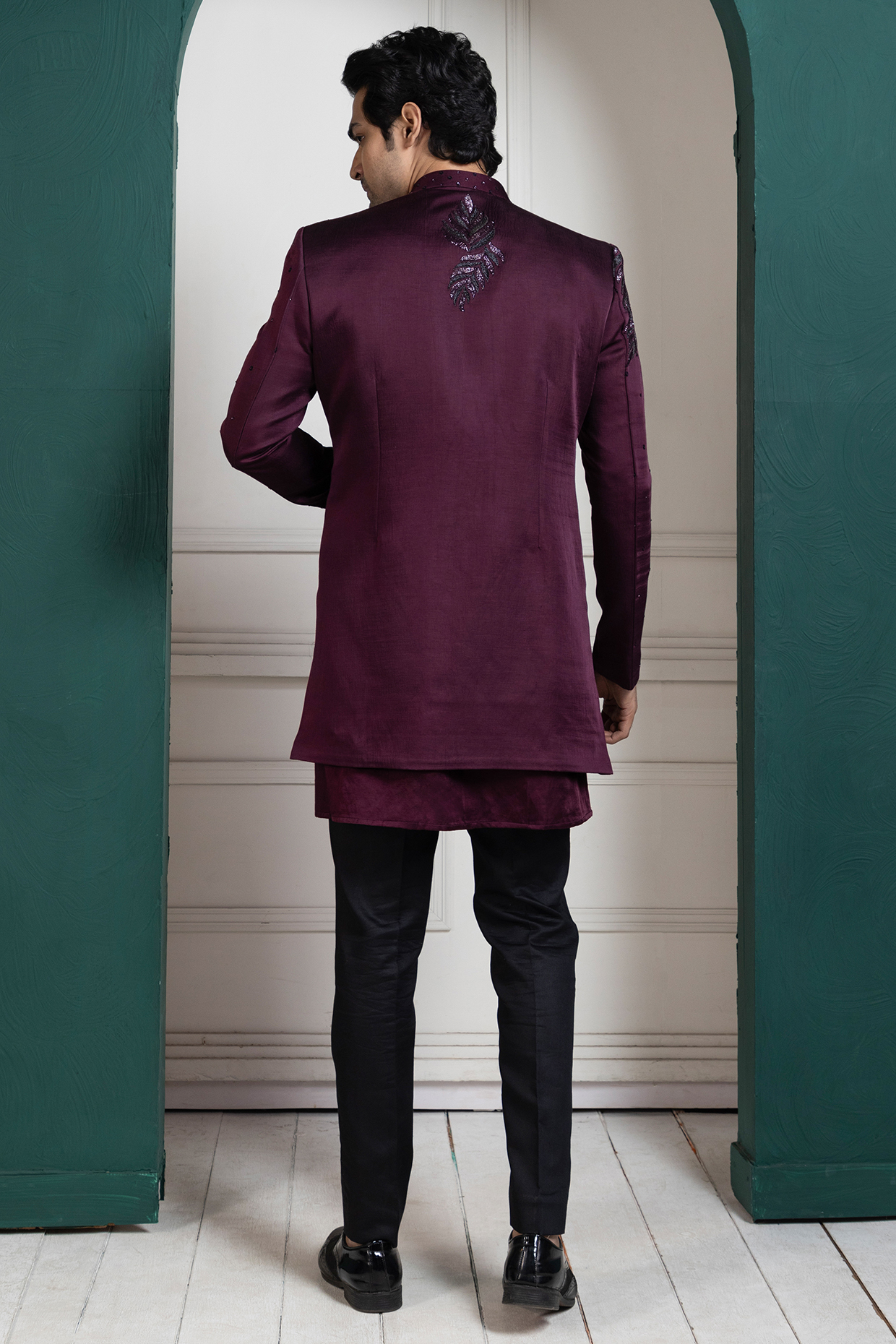 Maroon Linen Satin Hand Embroidered Bandhgala Set by Smriti by Anju Agarwal Men