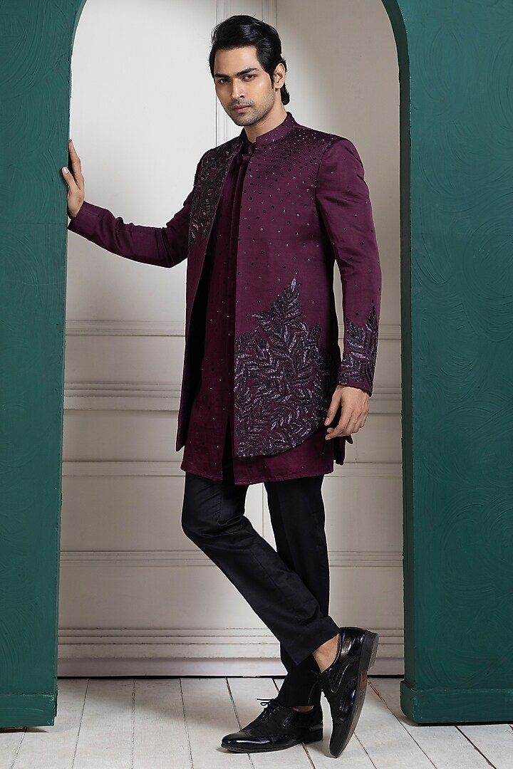 Maroon Linen Satin Hand Embroidered Bandhgala Set by Smriti by Anju Agarwal Men at Pernia's Pop Up Shop