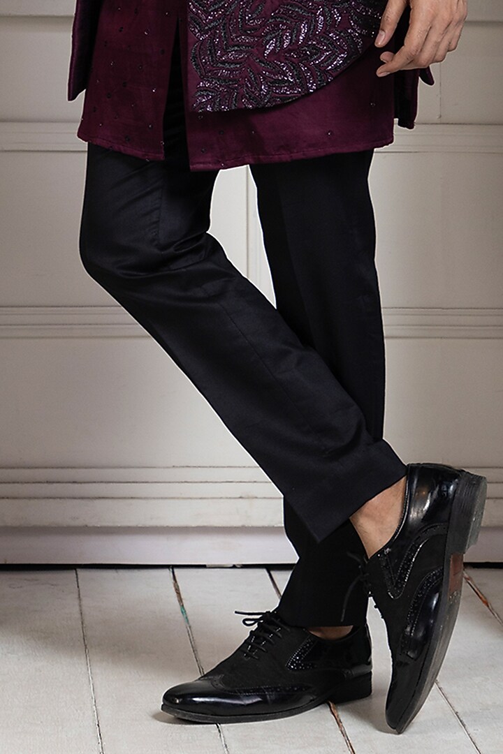 Maroon Linen Satin Hand Embroidered Bandhgala Set by Smriti by Anju Agarwal Men at Pernia's Pop Up Shop