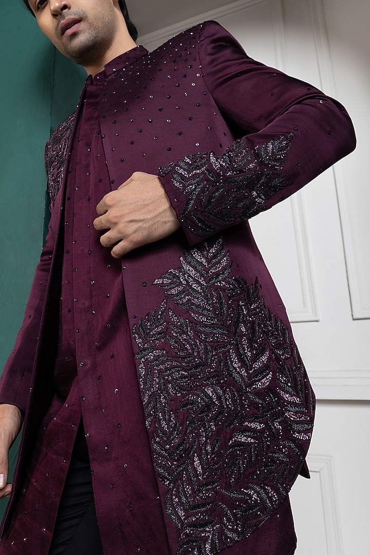 Maroon Linen Satin Hand Embroidered Bandhgala Set by Smriti by Anju Agarwal Men at Pernia's Pop Up Shop