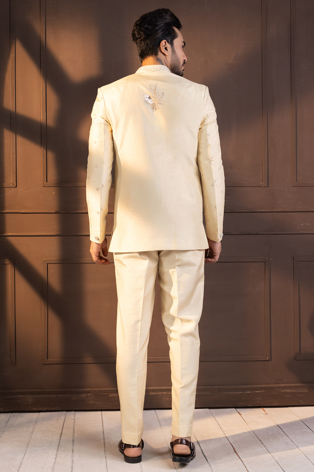 Ivory Bam Silk Hand Embroidered Bandhgala Set by Smriti by Anju Agarwal Men
