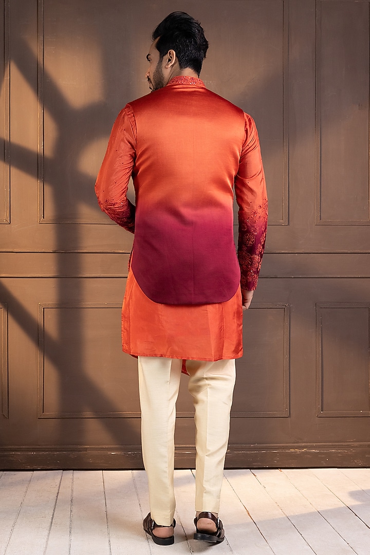 Orange Linen Satin Hand Embroidered Ombre Nehru Jacket by Smriti by Anju Agarwal Men at Pernia's Pop Up Shop
