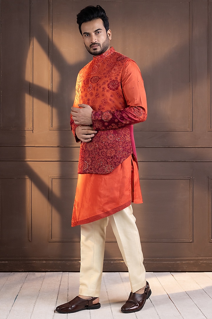 Orange Linen Satin Hand Embroidered Ombre Nehru Jacket by Smriti by Anju Agarwal Men at Pernia's Pop Up Shop