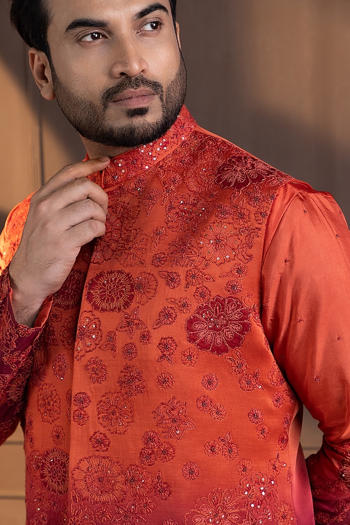 Orange Linen Satin Hand Embroidered Ombre Nehru Jacket by Smriti by Anju Agarwal Men at Pernia's Pop Up Shop