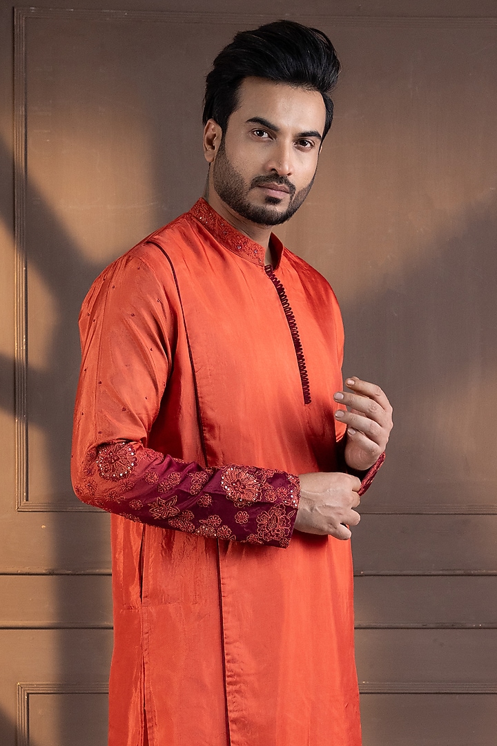 Orange Silk Hand Embroidered Ombre Kurta Set by Smriti by Anju Agarwal Men at Pernia's Pop Up Shop
