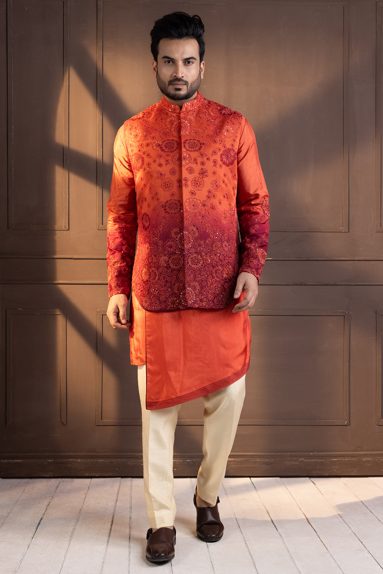 Orange Linen Satin Hand Embroidered Ombre Nehru Jacket by Smriti by Anju Agarwal Men