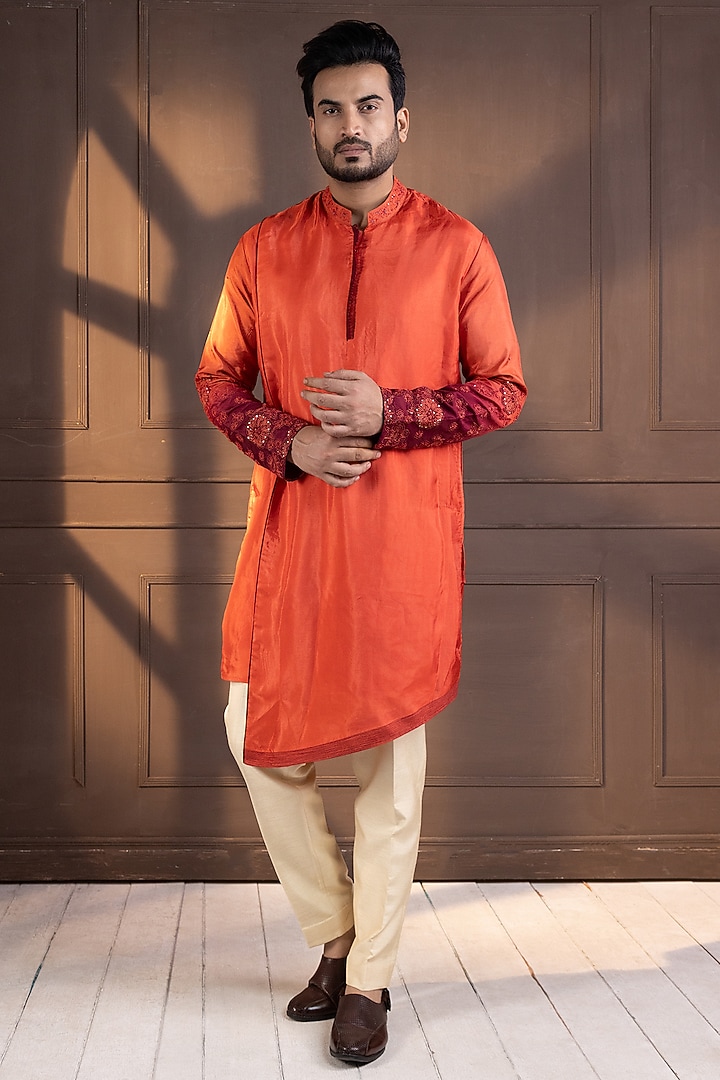 Orange Linen Satin Hand Embroidered Ombre Nehru Jacket by Smriti by Anju Agarwal Men at Pernia's Pop Up Shop