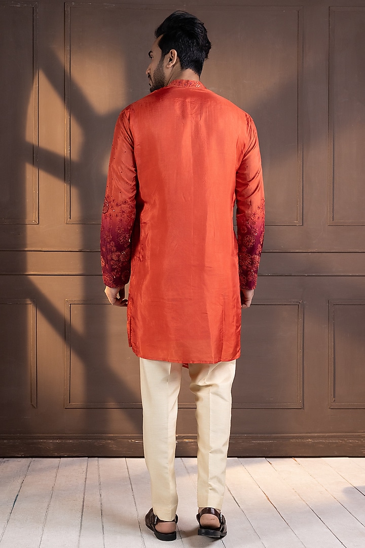 Orange Linen Satin Hand Embroidered Ombre Nehru Jacket by Smriti by Anju Agarwal Men at Pernia's Pop Up Shop