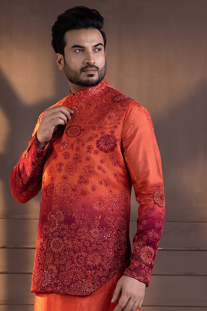 Orange Linen Satin Hand Embroidered Ombre Nehru Jacket by Smriti by Anju Agarwal Men at Pernia's Pop Up Shop