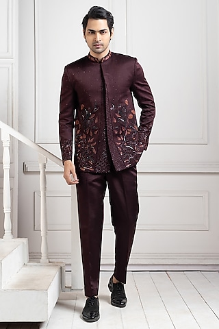 Brown Linen Satin Hand Embroidered Bandhgala Set by Smriti by Anju Agarwal Men