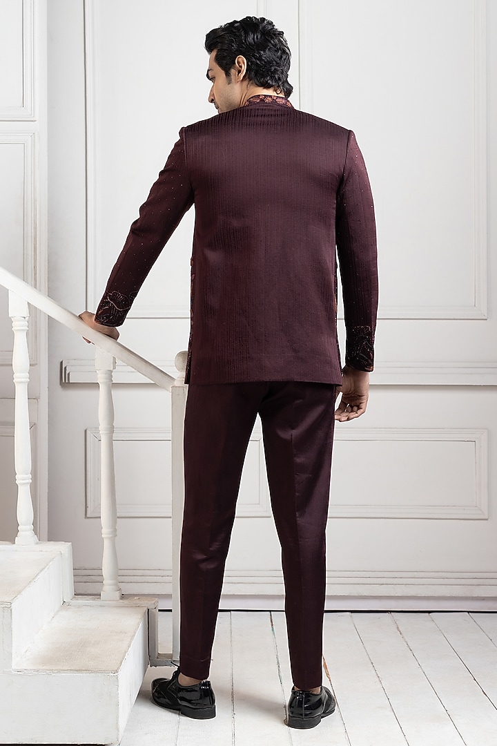 Brown Linen Satin Hand Embroidered Wedding Bandhgala Set by Smriti by Anju Agarwal Men at Pernia's Pop Up Shop