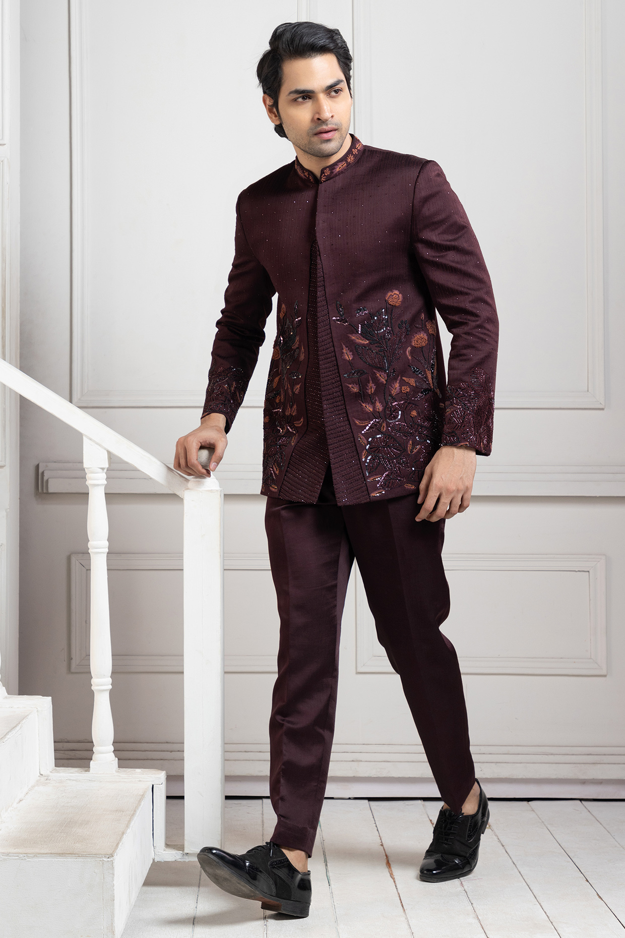 Brown Linen Satin Hand Embroidered Bandhgala Set by Smriti by Anju Agarwal Men