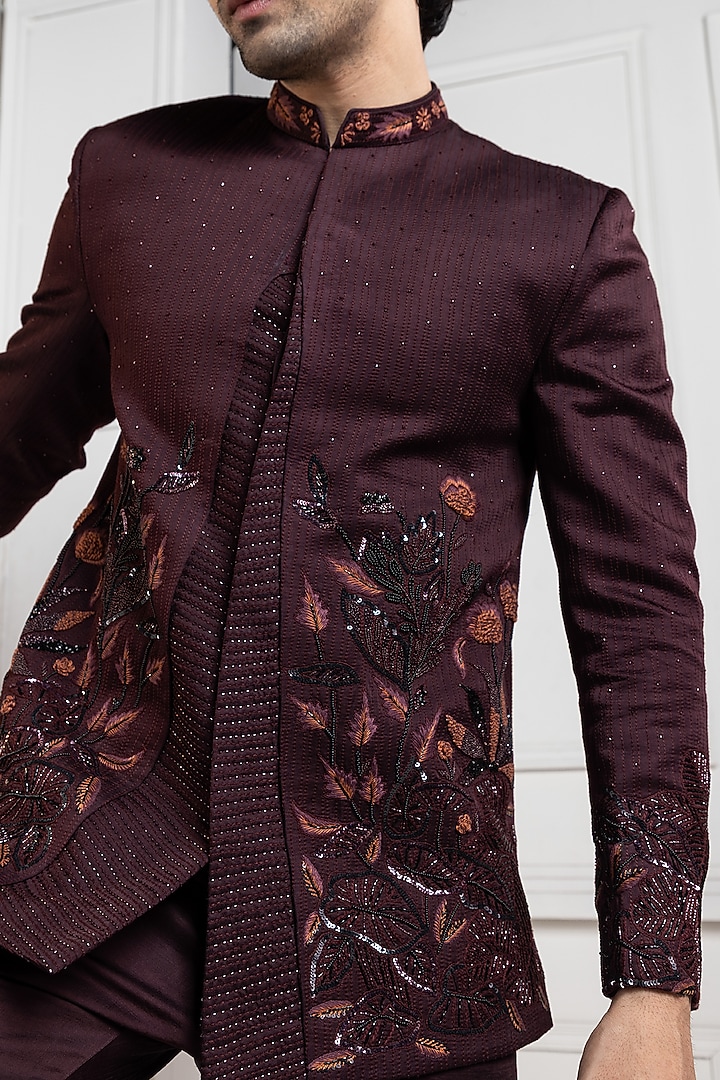 Brown Linen Satin Hand Embroidered Wedding Bandhgala Set by Smriti by Anju Agarwal Men at Pernia's Pop Up Shop