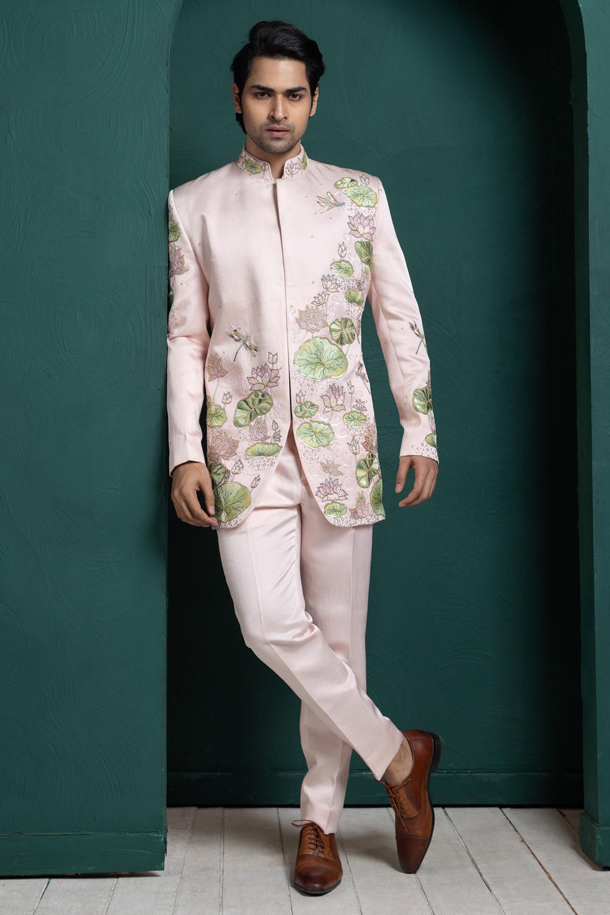 Pink Linen Satin Floral Embroidered Bandhgala Set by Smriti by Anju Agarwal Men