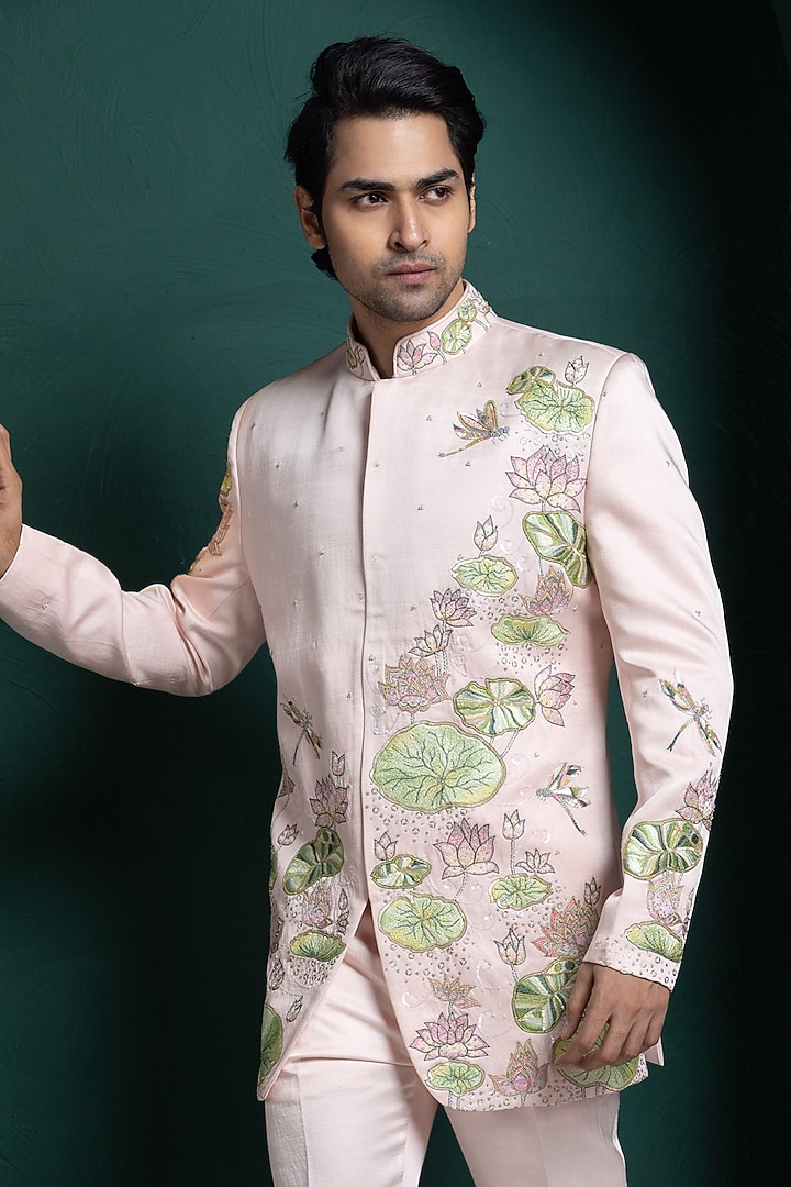 Pink Linen Satin Floral Embroidered Bandhgala Set by Smriti by Anju Agarwal Men at Pernia's Pop Up Shop