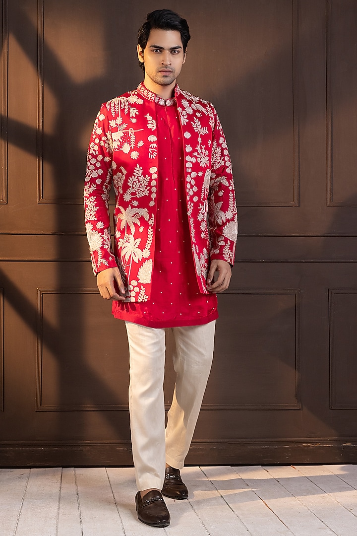 Crimson Pink Linen Satin Hand Embroidered Nehru Jacket by Smriti by Anju Agarwal Men at Pernia's Pop Up Shop
