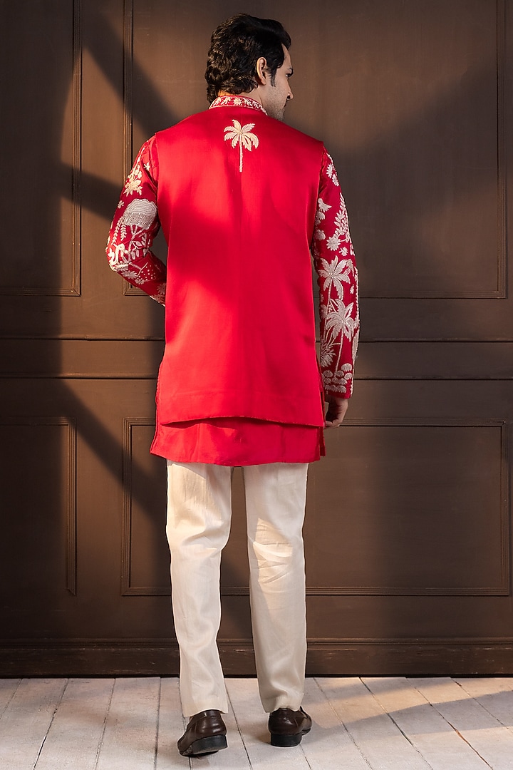 Crimson Pink Linen Satin Hand Embroidered Nehru Jacket by Smriti by Anju Agarwal Men at Pernia's Pop Up Shop