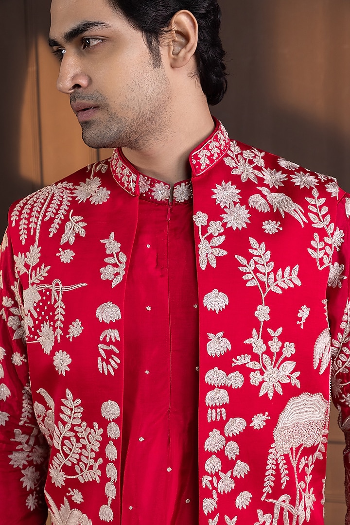 Crimson Pink Linen Satin Hand Embroidered Nehru Jacket by Smriti by Anju Agarwal Men at Pernia's Pop Up Shop