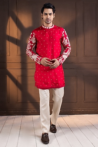 Crimson Pink Silk Thread Embroidered Kurta Set by Smriti by Anju Agarwal Men