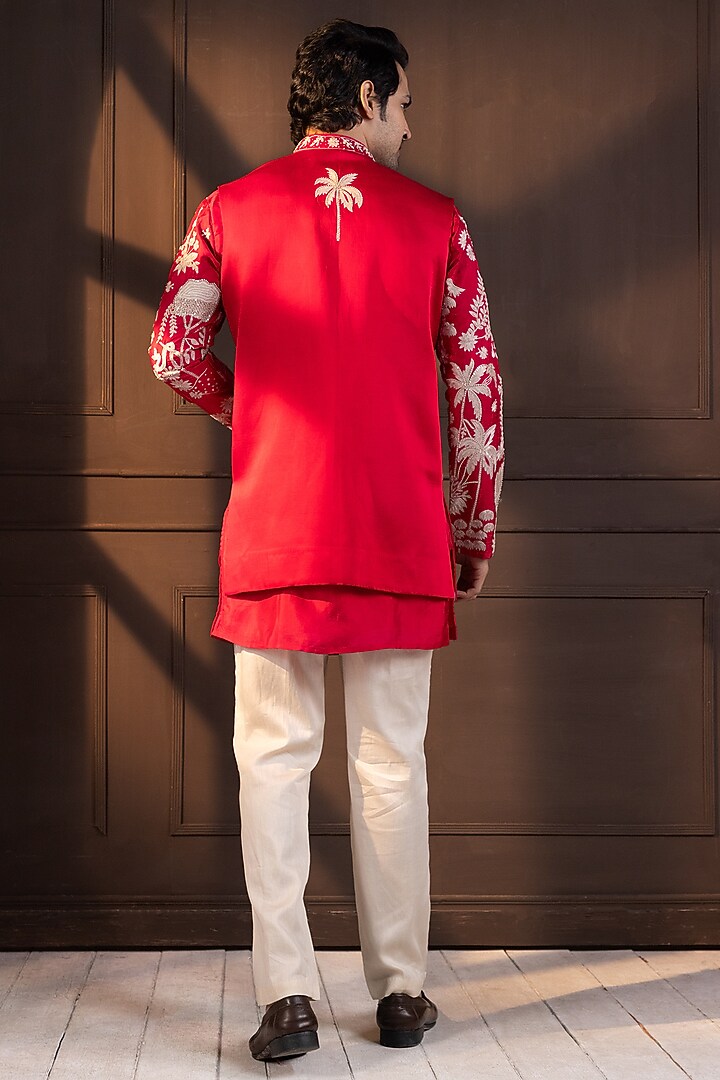 Crimson Pink Linen Satin Hand Embroidered Kurta Set by Smriti by Anju Agarwal Men at Pernia's Pop Up Shop