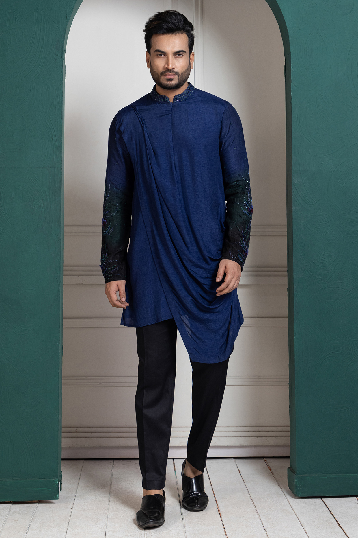 Midnight Blue Bam Silk Floral Hand Embroidered Nehru Jacket Set by Smriti by Anju Agarwal Men