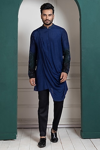 Midnight Blue Bam Silk Floral Hand Embroidered Nehru Jacket Set by Smriti by Anju Agarwal Men