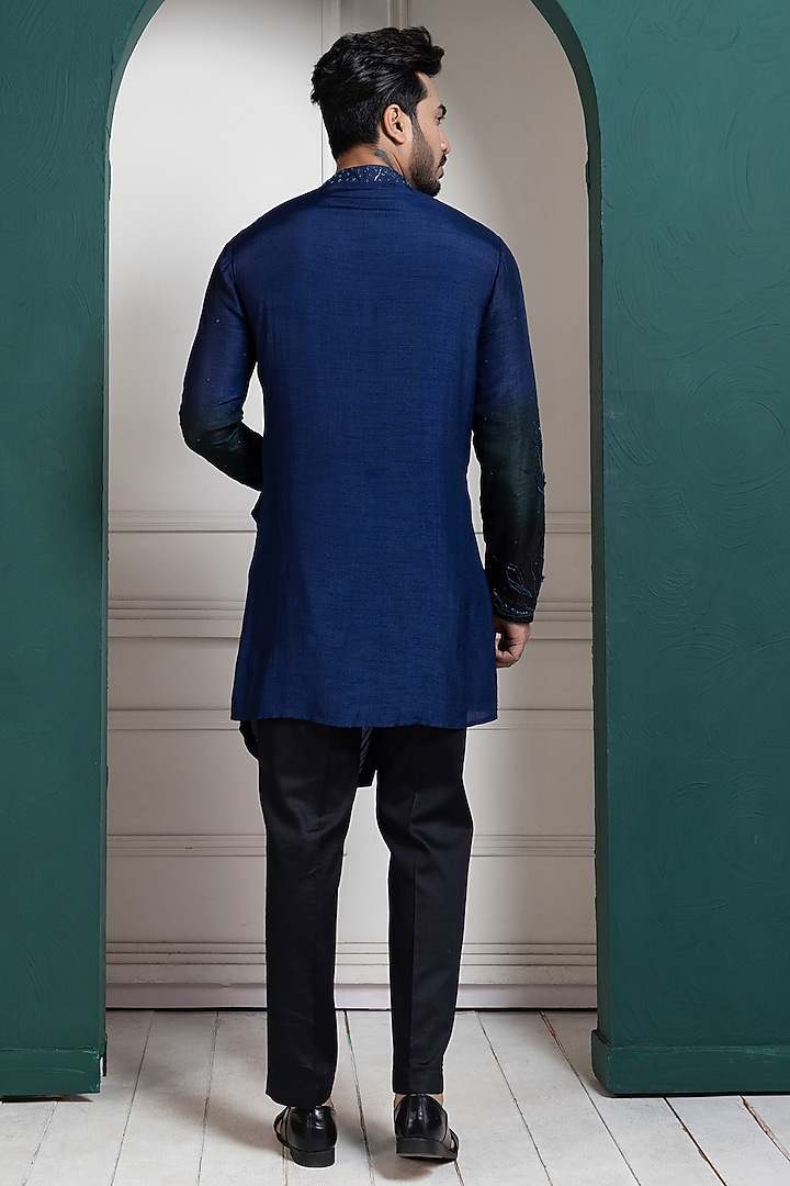 Midnight Blue Bam Silk Floral Hand Embroidered Nehru Jacket Set by Smriti by Anju Agarwal Men at Pernia's Pop Up Shop