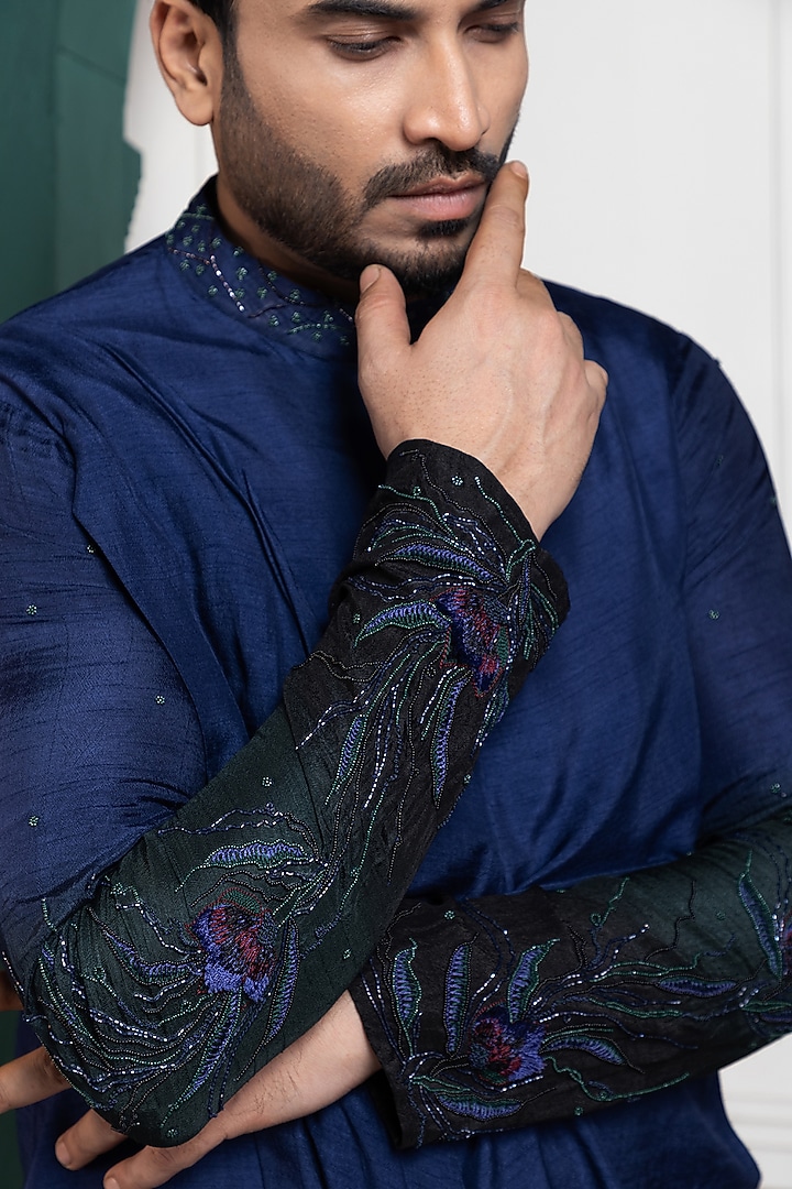 Midnight Blue Bam Silk Floral Hand Embroidered Nehru Jacket Set by Smriti by Anju Agarwal Men at Pernia's Pop Up Shop
