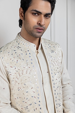 White Linen Satin Mirror Embroidered Nehru Jacket by Smriti by Anju Agarwal Men