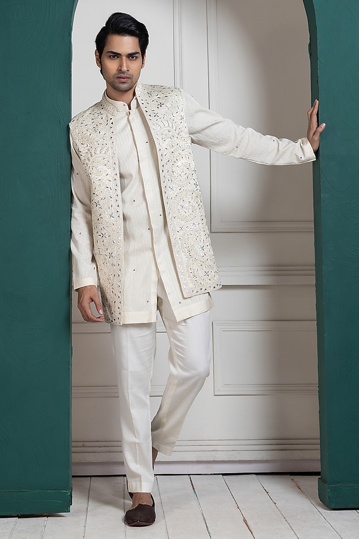 White Linen Satin Mirror Embroidered Nehru Jacket by Smriti by Anju Agarwal Men at Pernia's Pop Up Shop