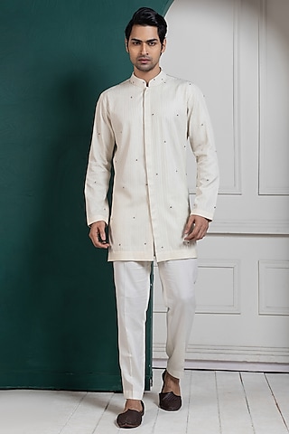 White Bam Silk Mirror Embroidered Kurta Set by Smriti by Anju Agarwal Men