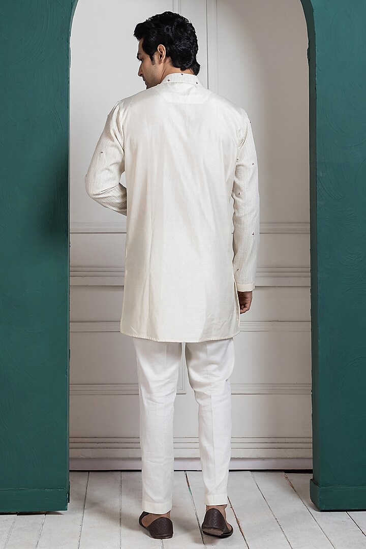 White Bam Silk Mirror Embroidered Kurta Set by Smriti by Anju Agarwal Men at Pernia's Pop Up Shop