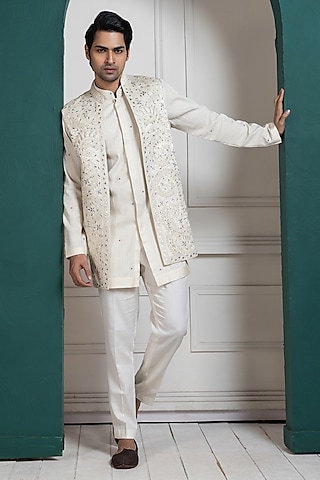 White Bam Silk Mirror Embroidered Nehru Jacket Set by Smriti by Anju Agarwal Men