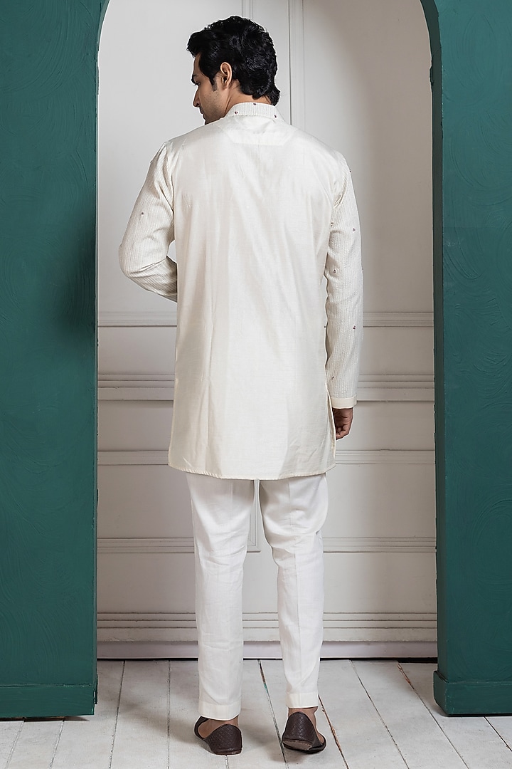 White Bam Silk Mirror Embroidered Nehru Jacket Set by Smriti by Anju Agarwal Men at Pernia's Pop Up Shop