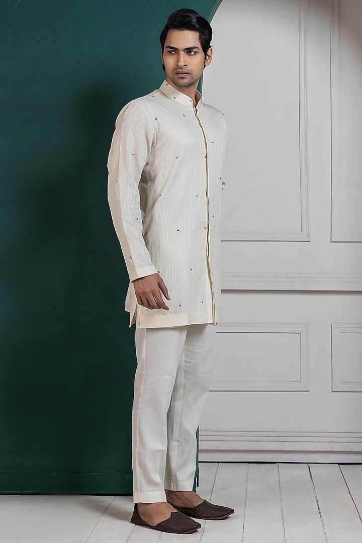 White Bam Silk Mirror Embroidered Nehru Jacket Set by Smriti by Anju Agarwal Men at Pernia's Pop Up Shop