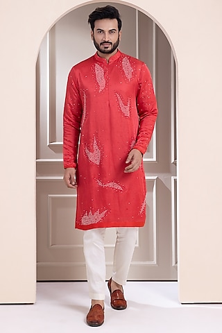 Rust Red Linen Satin Hand Embroidered Kurta Set by Smriti by Anju Agarwal Men