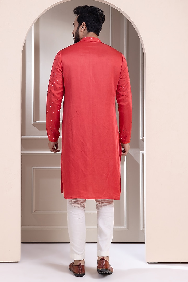 Rust Red Linen Satin Hand Embroidered Kurta Set by Smriti by Anju Agarwal Men at Pernia's Pop Up Shop