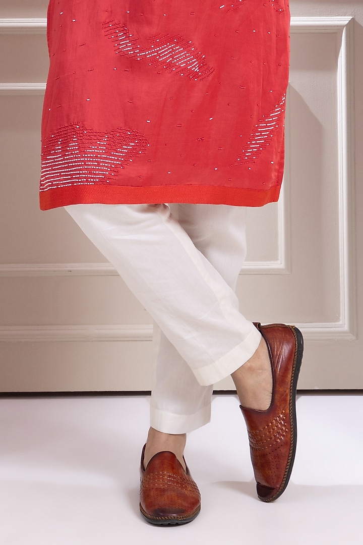 Rust Red Linen Satin Hand Embroidered Kurta Set by Smriti by Anju Agarwal Men at Pernia's Pop Up Shop