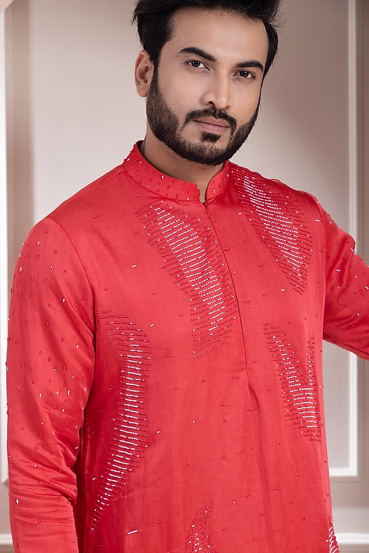 Rust Red Linen Satin Hand Embroidered Kurta Set by Smriti by Anju Agarwal Men at Pernia's Pop Up Shop