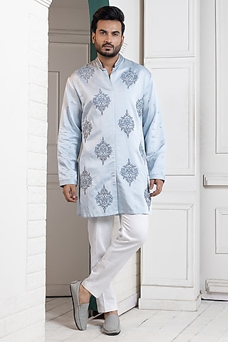 Sky Blue Linen Satin Resham Hand Embroidered Kurta Set by Smriti by Anju Agarwal Men