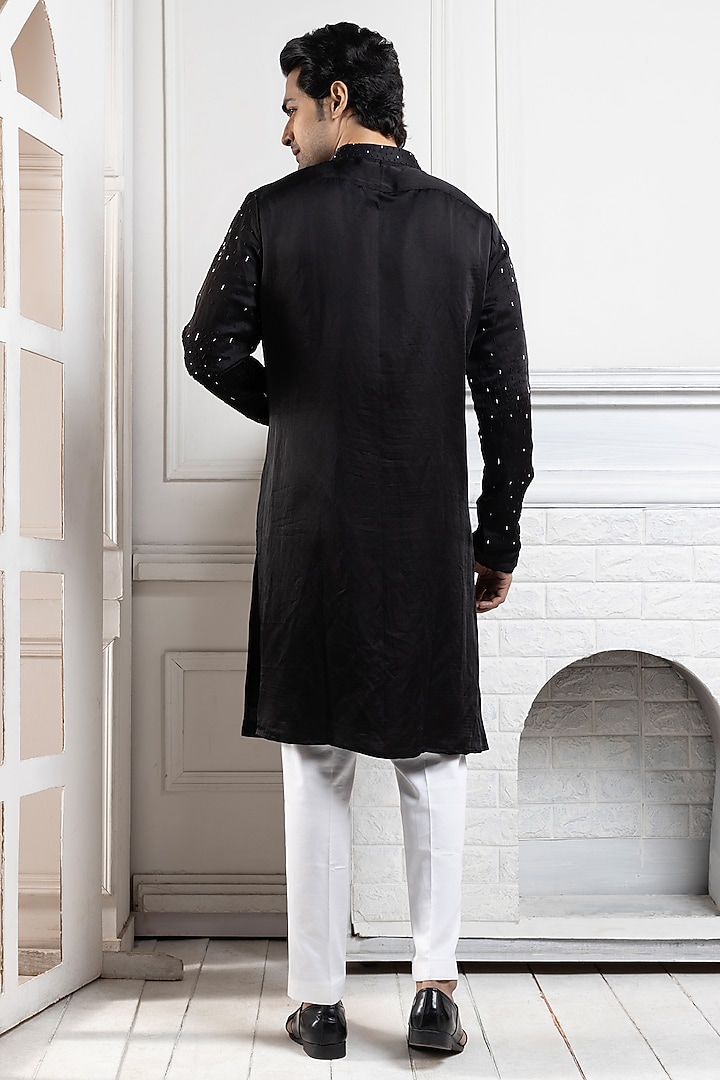 Black Linen Satin Bead Embroidered Kurta Set by Smriti by Anju Agarwal Men at Pernia's Pop Up Shop