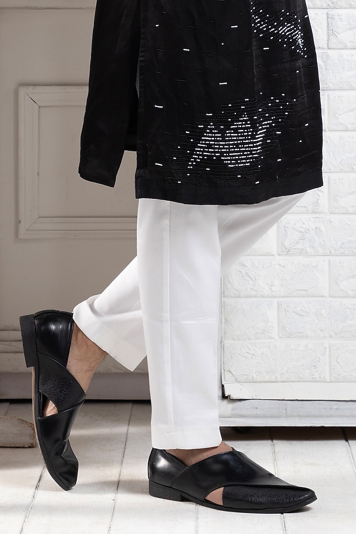 Black Linen Satin Bead Embroidered Kurta Set by Smriti by Anju Agarwal Men at Pernia's Pop Up Shop