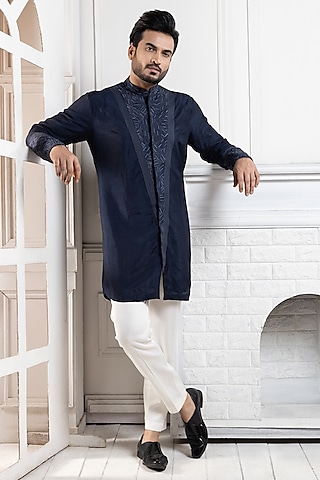 Sapphire Blue Bam Silk Thread Embroidered Kurta Set by Smriti by Anju Agarwal Men