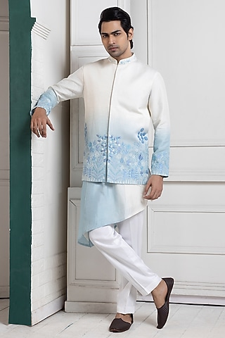 Ivory & Sky Blue Linen Satin Floral Embroidered Ombre Nehru Jacket by Smriti by Anju Agarwal Men