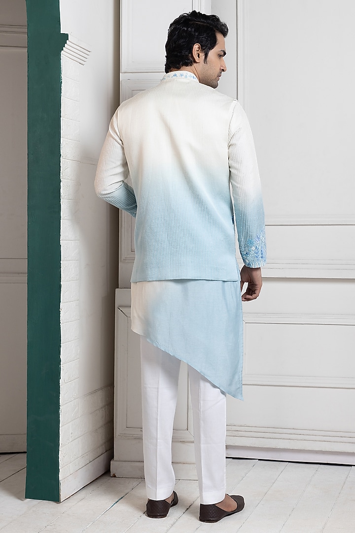 Ivory & Sky Blue Linen Satin Floral Embroidered Ombre Nehru Jacket by Smriti by Anju Agarwal Men at Pernia's Pop Up Shop