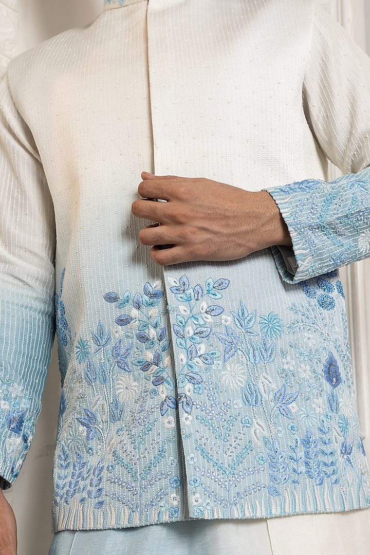 Ivory & Sky Blue Linen Satin Floral Embroidered Ombre Nehru Jacket by Smriti by Anju Agarwal Men at Pernia's Pop Up Shop
